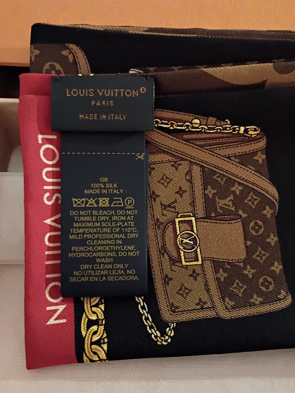 Louis Vuitton Silk Scarf — Brown, Black & Red Monogram Print